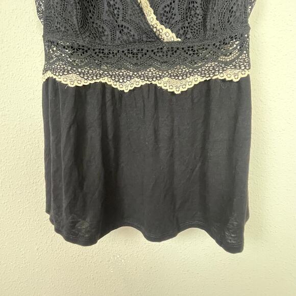 Tahari Sleepwear Lace Babydoll Top Sz XS Festival Whimsigoth Black Beige Peplum - Picture 5 of 8